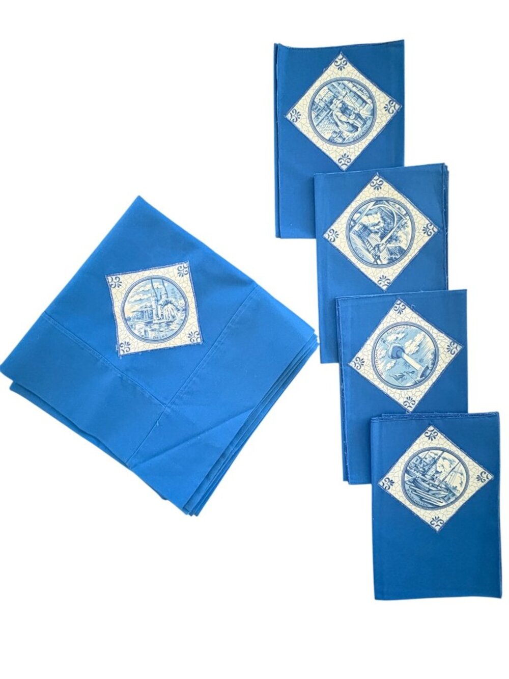 Vintage Delft Blue Pastoral Farmhouse Tablecloth And Napkin Set NWOT
